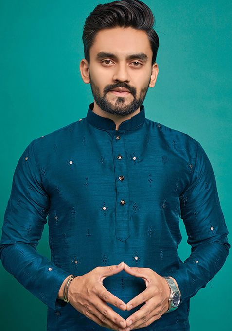 Royal Blue Embroidered Silk Kurta Set For Men