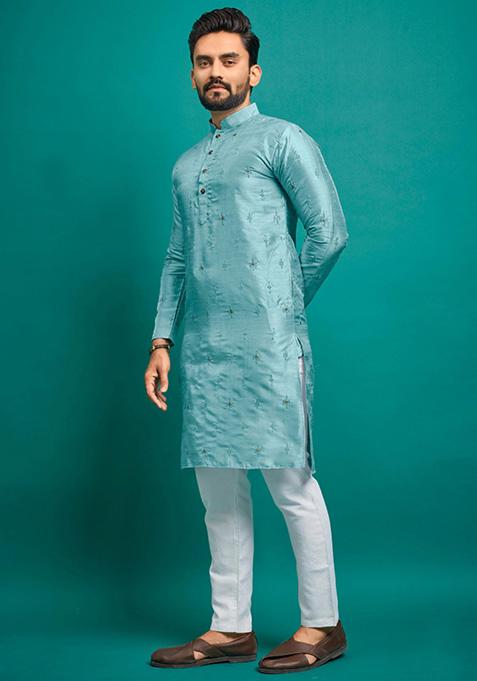 Sky Blue Embroidered Silk Kurta Set For Men