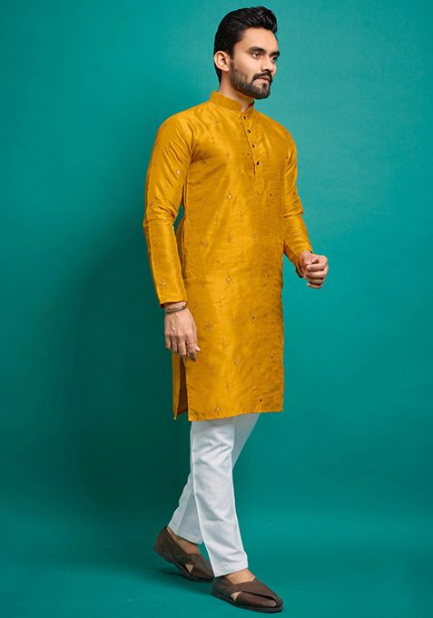 Yellow Embroidered Silk Kurta Set For Men