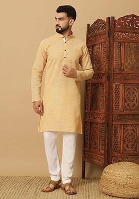 Beige Embroidered Cotton Kurta Set For Men