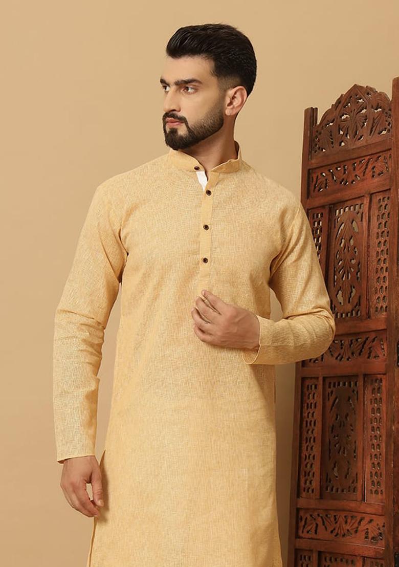 Beige Embroidered Cotton Kurta Set For Men