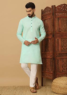 Light Blue Embroidered Cotton Kurta Set For Men