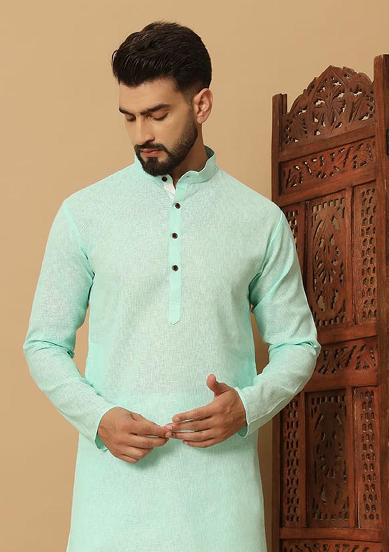 Light Blue Embroidered Cotton Kurta Set For Men