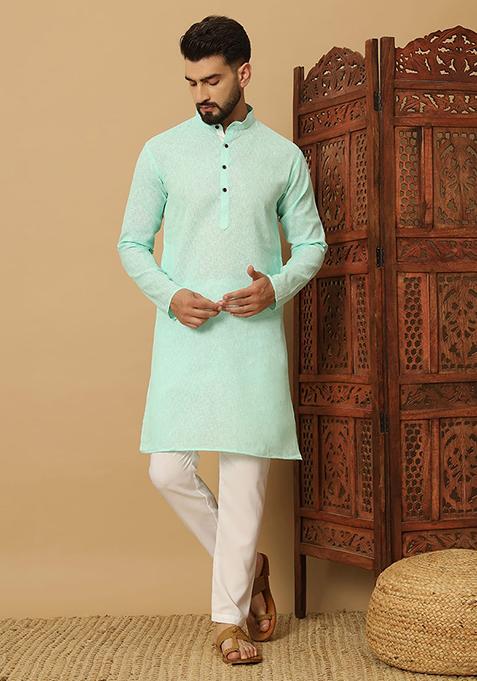 Light Blue Embroidered Cotton Kurta Set For Men