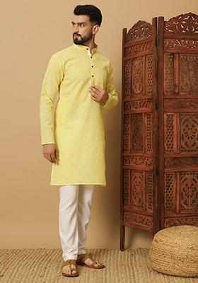 Light Yellow Embroidered Cotton Kurta Set For Men