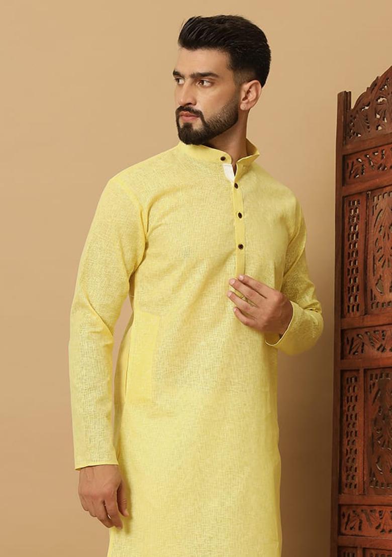 Light Yellow Embroidered Cotton Kurta Set For Men