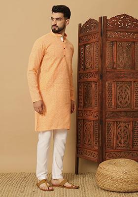 Peach Embroidered Cotton Kurta Set For Men