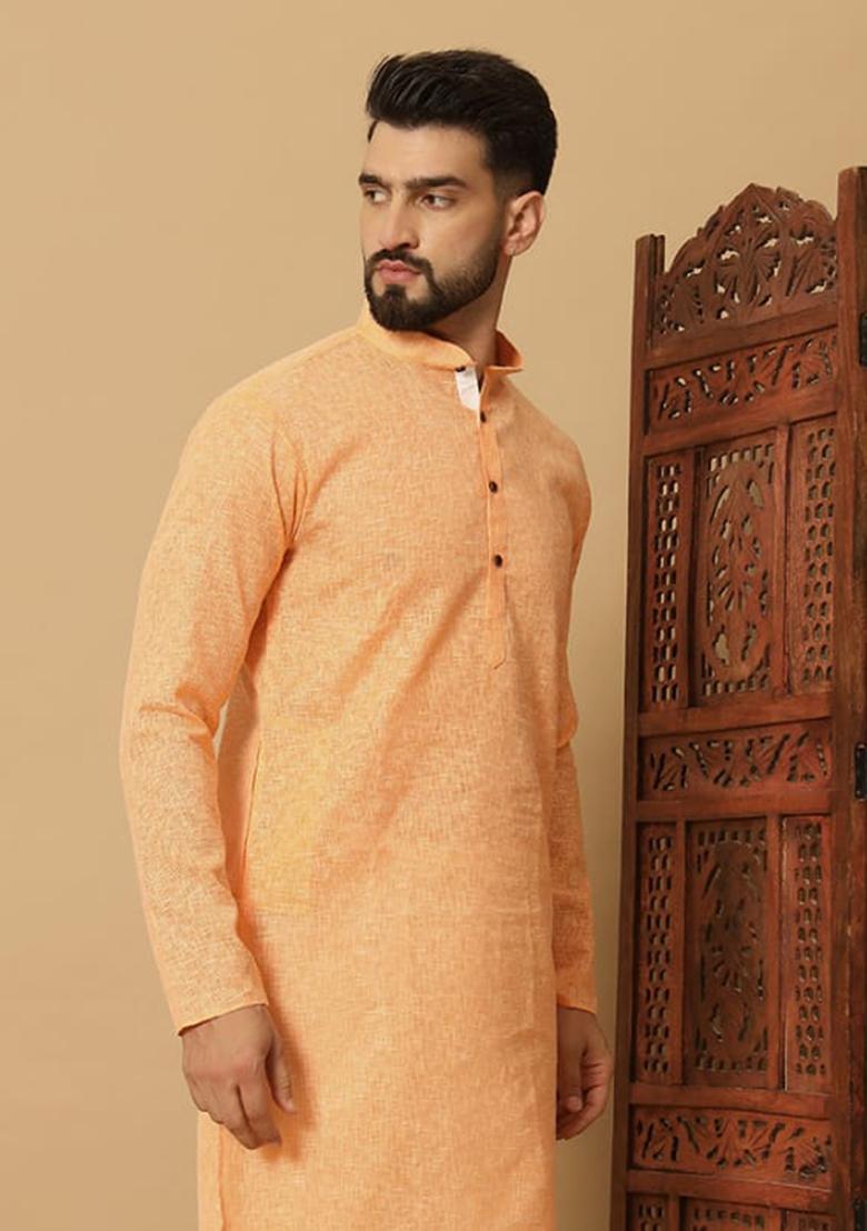 Peach Embroidered Cotton Kurta Set For Men