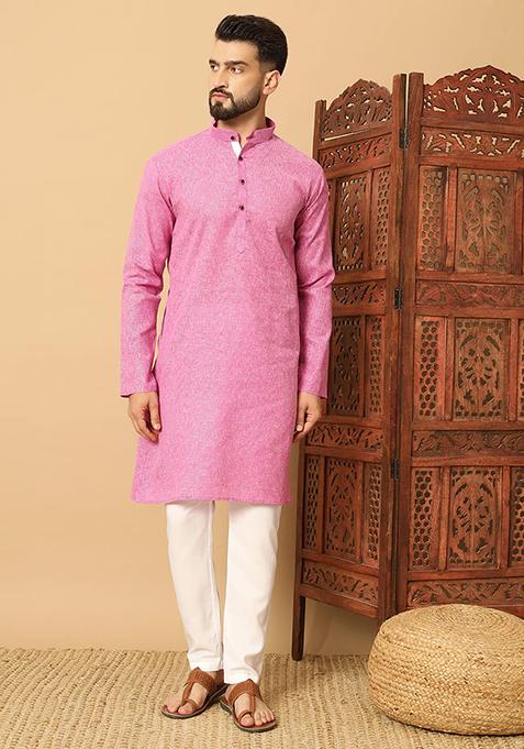 Pink Embroidered Cotton Kurta Set For Men
