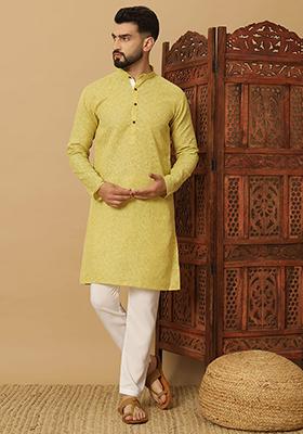 Yellow Embroidered Cotton Kurta Set For Men