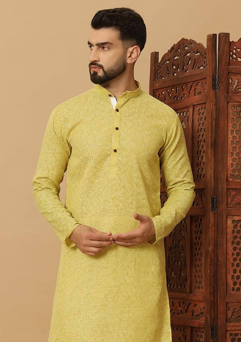Yellow Embroidered Cotton Kurta Set For Men