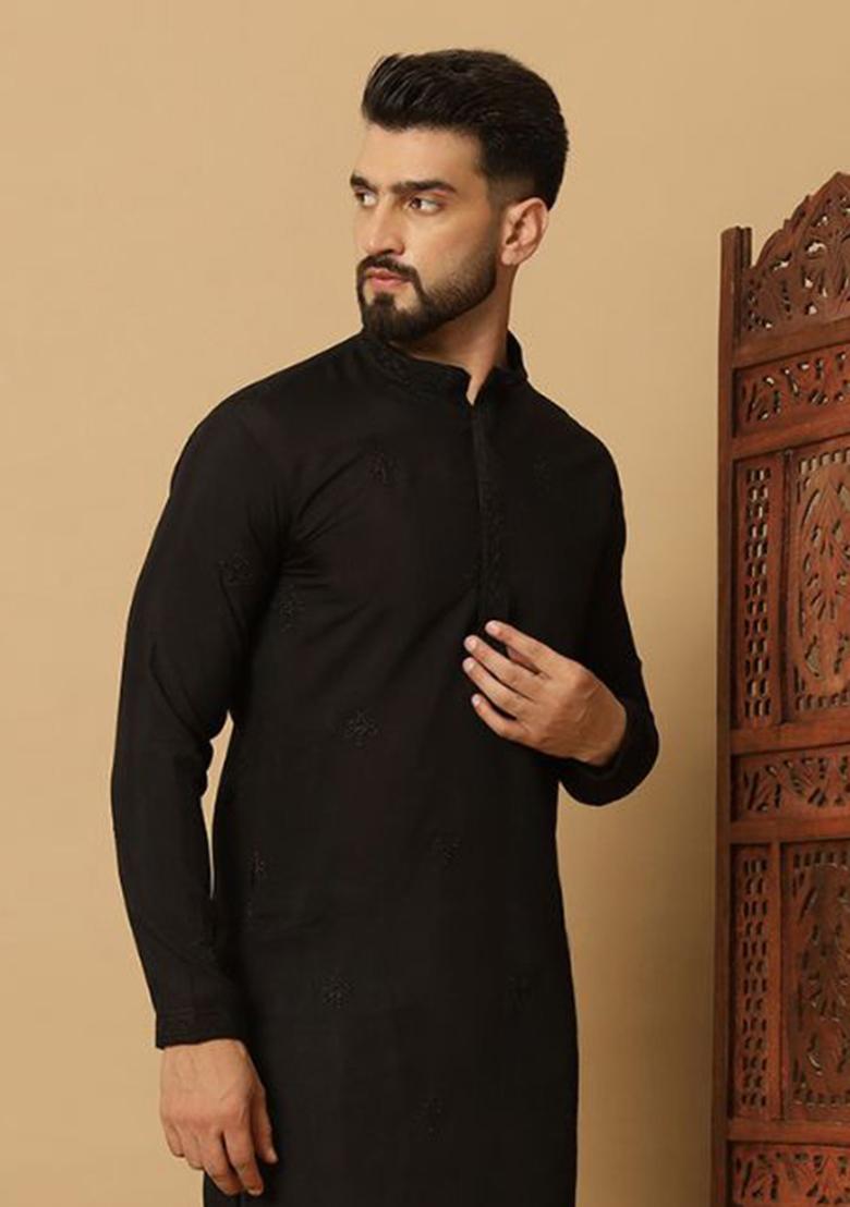 Black Embroidered Cotton Kurta Set For Men