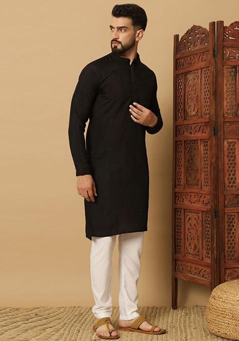 Black Embroidered Cotton Kurta Set For Men