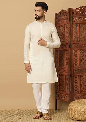 Cream Embroidered Cotton Kurta Set For Men