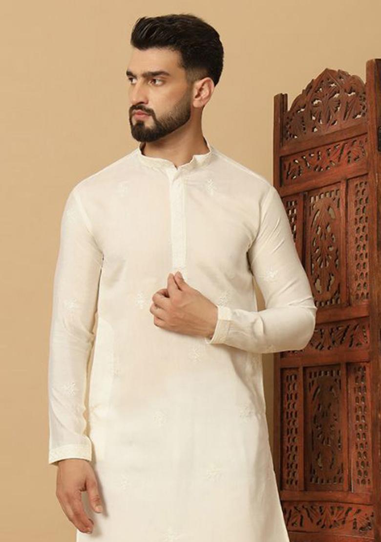 Cream Embroidered Cotton Kurta Set For Men