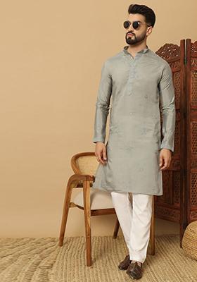 Grey Embroidered Cotton Kurta Set For Men
