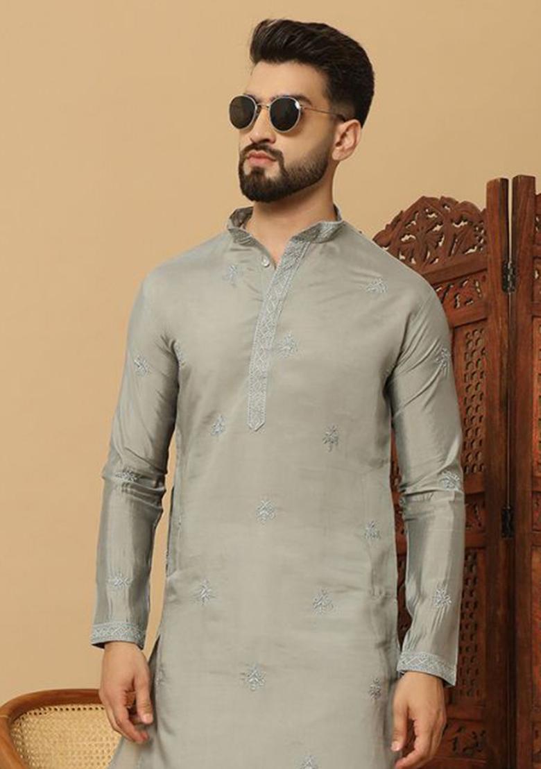 Grey Embroidered Cotton Kurta Set For Men
