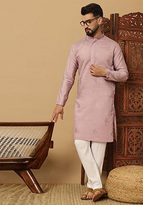 Lavender Embroidered Cotton Kurta Set For Men