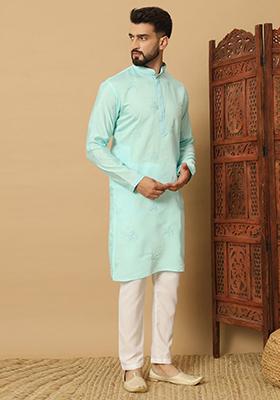 Light Blue Embroidered Cotton Kurta Set For Men