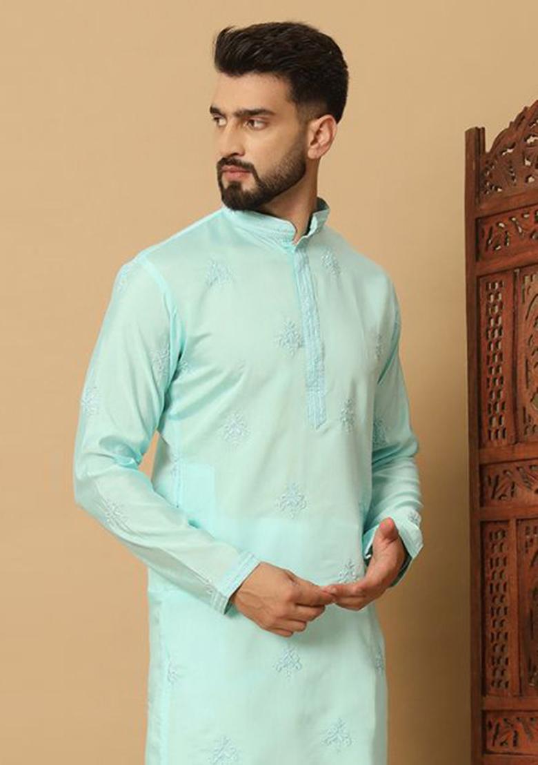 Light Blue Embroidered Cotton Kurta Set For Men