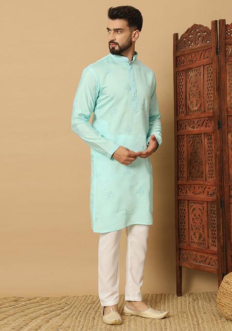 Light Blue Embroidered Cotton Kurta Set For Men