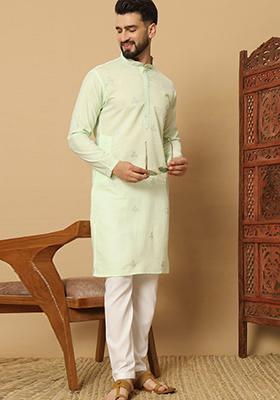 Light Green Embroidered Cotton Kurta Set For Men