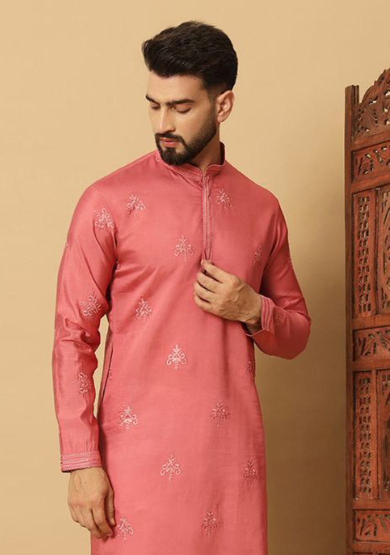 Peach Embroidered Cotton Kurta Set For Men