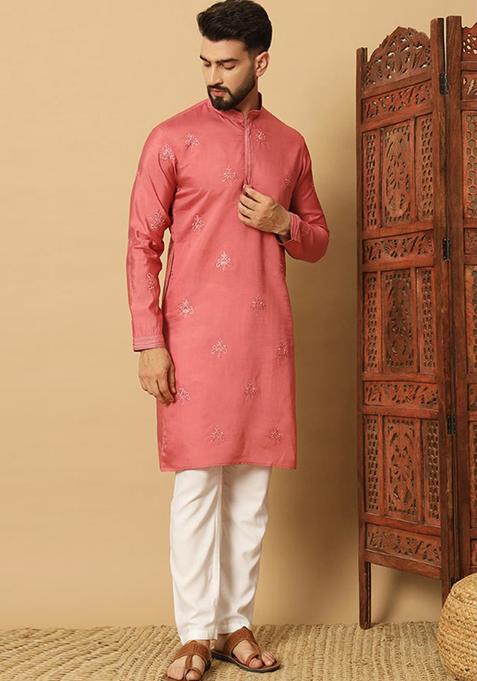 Peach Embroidered Cotton Kurta Set For Men