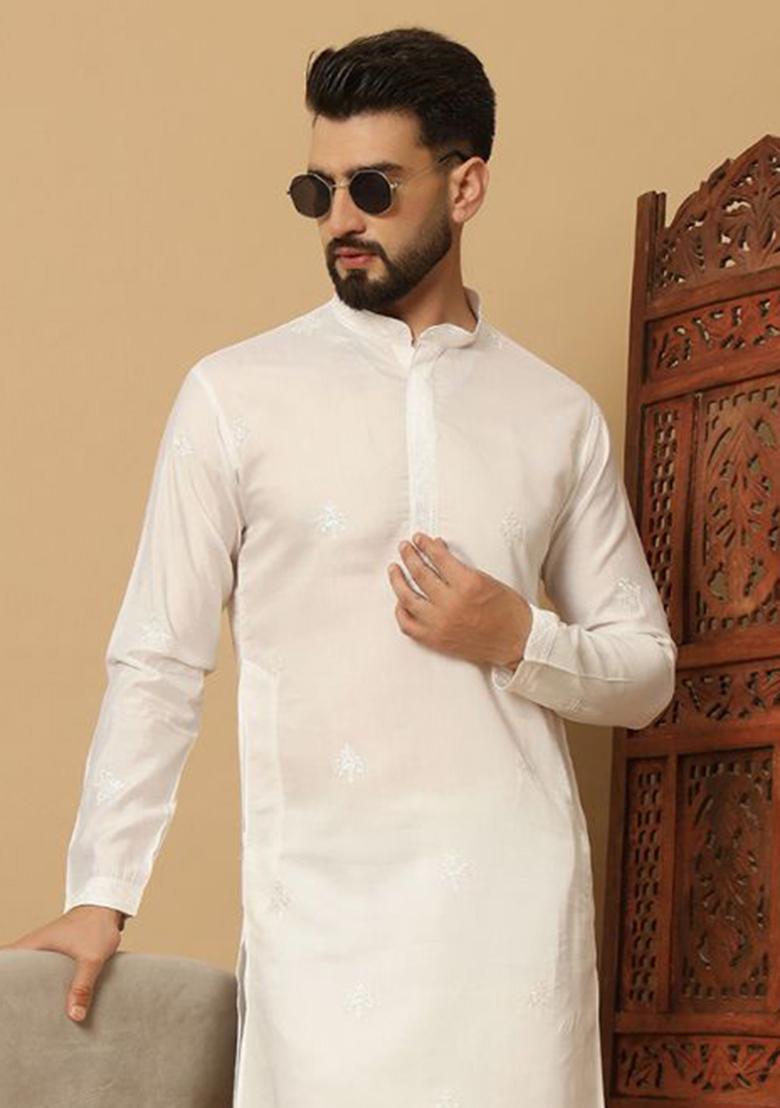 White Embroidered Cotton Kurta Set For Men