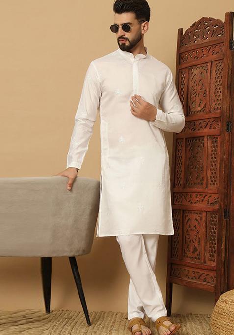 White Embroidered Cotton Kurta Set For Men