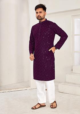 Purple Machine Embroidered Rayon Kurta Pyjama Set For Men