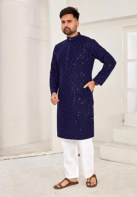Navy Blue Machine Embroidered Rayon Kurta Pyjama Set For Men