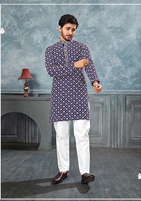 Purple Machine Embroidered Rayon Kurta Pyjama Set For Men