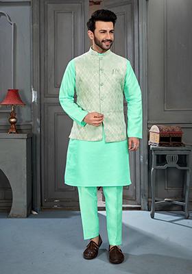 Sea Green Machine Embroidered Banglori Silk Kurta Pyjama Set For Men