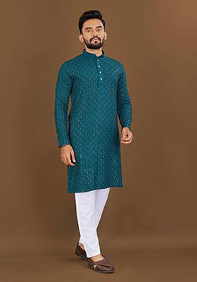 Blue Machine Embroidered Rayon Kurta Pyjama Set For Men