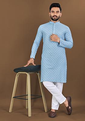 Light Blue Machine Embroidered Rayon Kurta Pyjama Set For Men