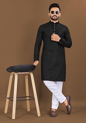 Black Machine Embroidered Rayon Kurta Pyjama Set For Men