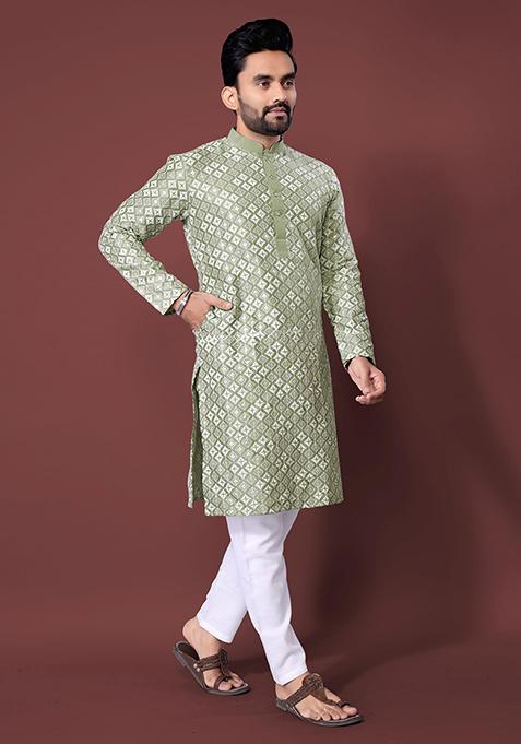Olive Machine Embroidered Soft Silk Kurta Pyjama Set For Men
