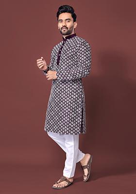 Purple Machine Embroidered Soft Silk Kurta Pyjama Set For Men
