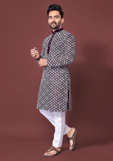 Purple Machine Embroidered Soft Silk Kurta Pyjama Set For Men
