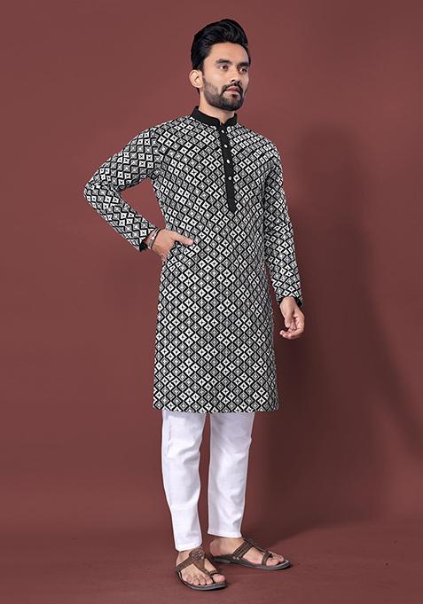 Black Machine Embroidered Soft Silk Kurta Pyjama Set For Men