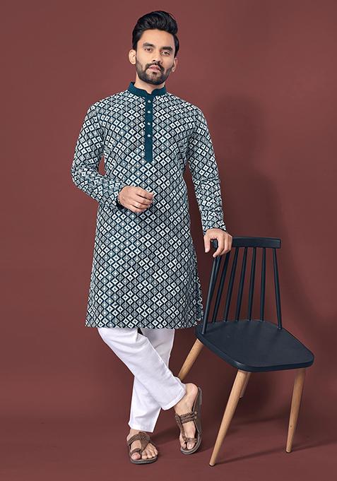 Teal Machine Embroidered Soft Silk Kurta Pyjama Set For Men