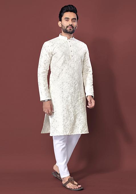 White Machine Embroidered Soft Silk Kurta Pyjama Set For Men