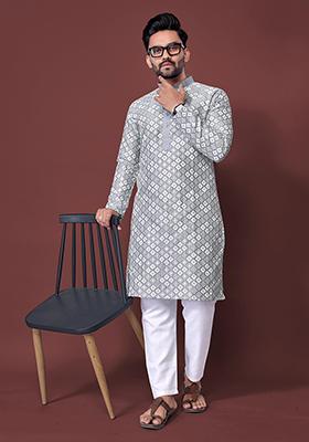 Grey Machine Embroidered Soft Silk Kurta Pyjama Set For Men