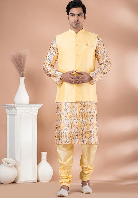 Multicolor Printed Banarasi Silk Nehru Jacket Set For Men