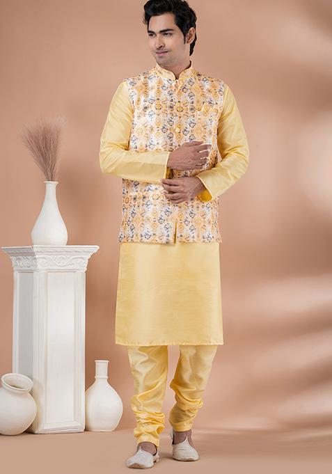 Light Yellow Printed Banarasi Silk Nehru Jacket Set For Men
