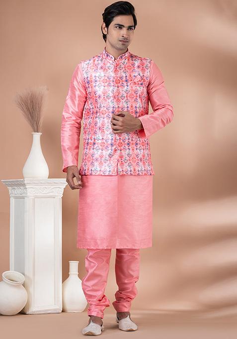 Pink Printed Banarasi Silk Nehru Jacket Set For Men
