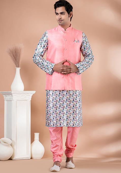 Multicolor Printed Banarasi Silk Nehru Jacket Set For Men