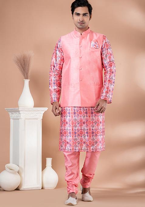 Multicolor Printed Banarasi Silk Nehru Jacket Set For Men