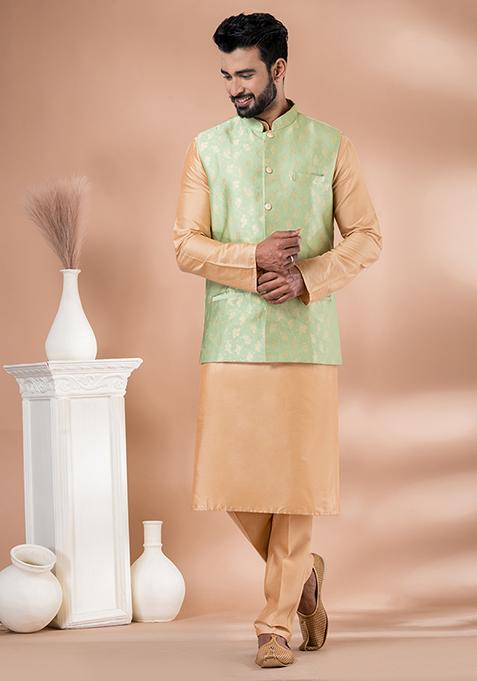 Chiku Brown Printed Viscose Nehru Jacket Set For Men
